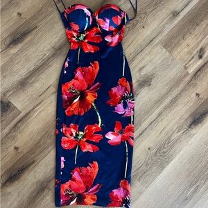 JLUXLABEL Navy Strapless Floral Bodycon Dress with Red and Pink Blooms